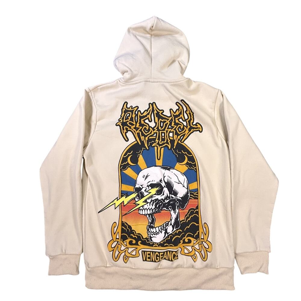 Rebel Vengeance Hoodie Mens Small Beige Skull Graphic Pullover Streetwear New